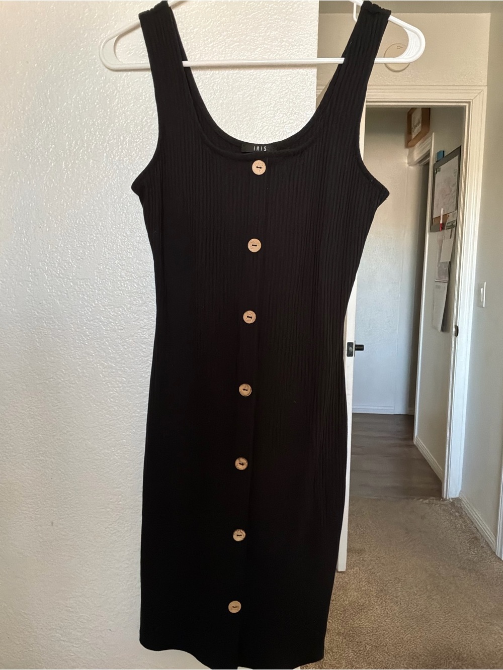 Iris Black Ribbed Button-Front Tank Bodycon Midi Dress - Size Medium